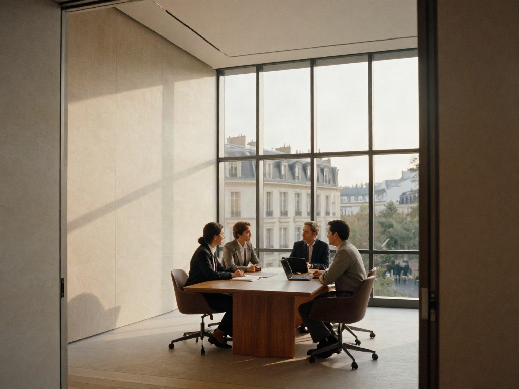 Sunlit contemporary boardroom with consultants discussing business strategy